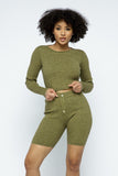 Olive Ribbed Knit Longsleeve Crop Top and Biker Shorts Set