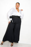 White Satin Long Sleeve Tie Waist Wrap Top (Plus Size)