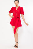 Red Crochet Detailed Romper with Front Bow and Puff Sleeves