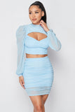 Light Blue Sheer Cutout Puff Sleeved Top And Skirt Set