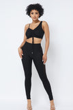 Black Activewear Asymmetrical Ruched Crop Top and Sheer Panel Leggings