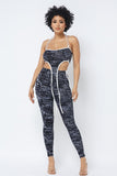 Black/White Mesh Print Crop Top With Plastic Chain Halter Neck and Matching Leggings