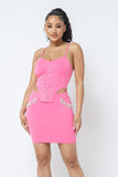 Fuchsia Strappy Cropped Top and Skirt Set with Rhinestone Details