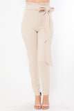 Beige High Waist Sash Belt Skinny Pants