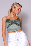 Olive Silky Spaghetti Strap Ruched Crop Top